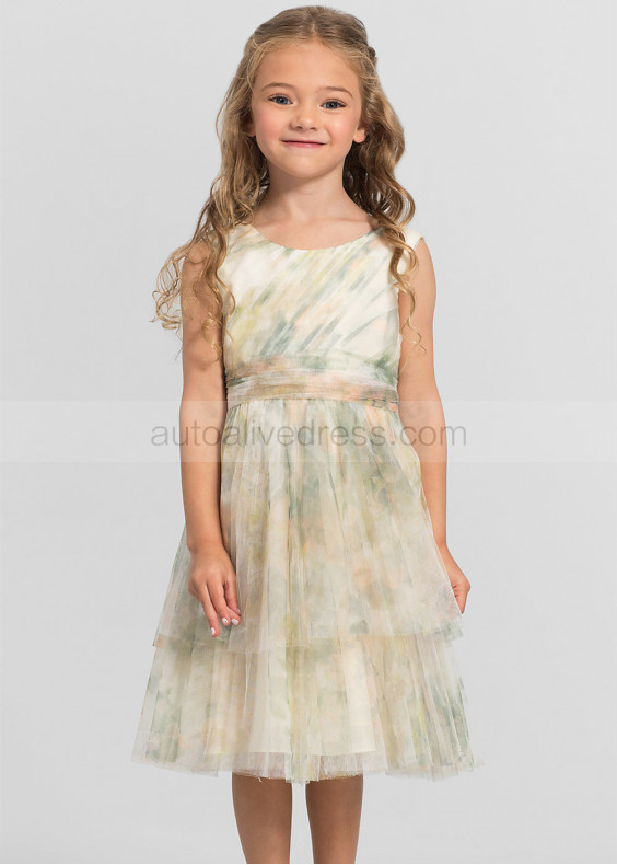 Vintage Floral Ivory Sage Multi Printed Tulle Flower Girl Dress